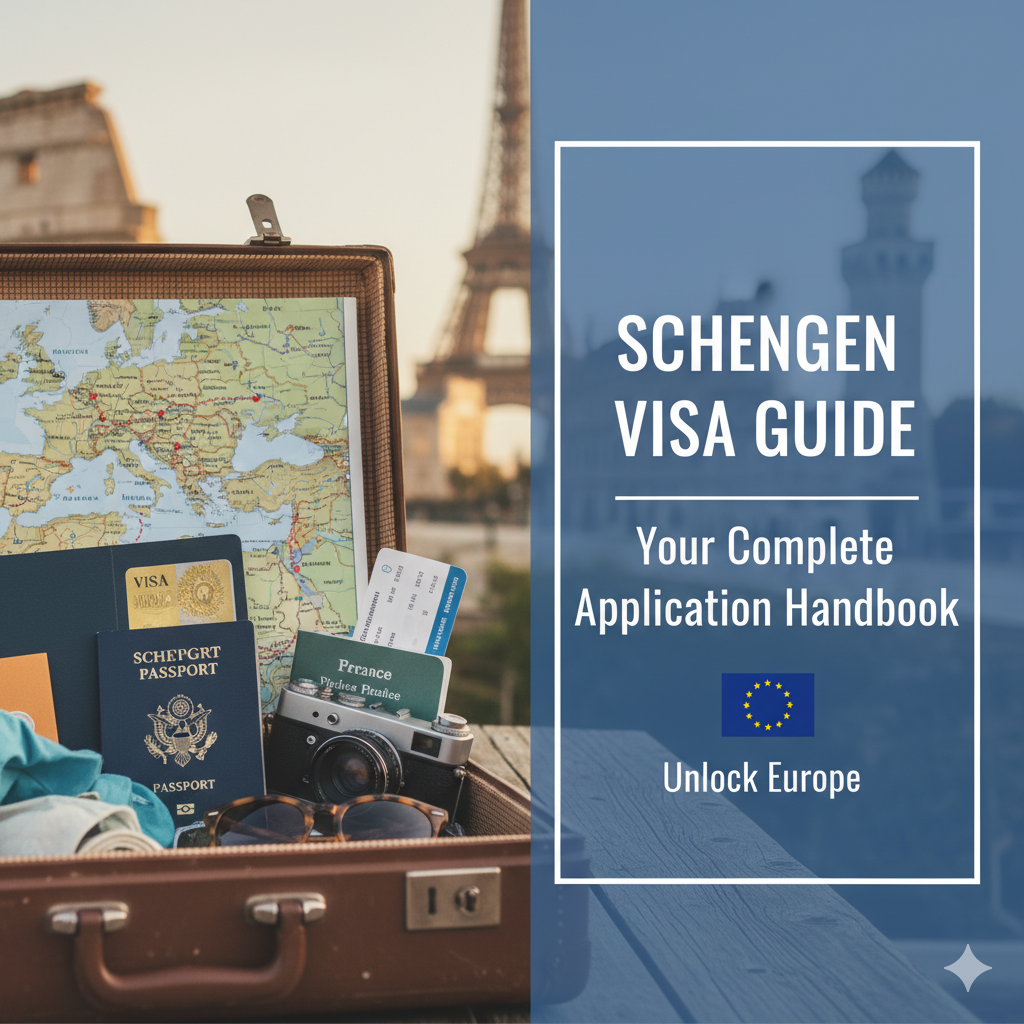 A collage of European landmarks like the Eiffel Tower and Colosseum with a passport and visa application form.