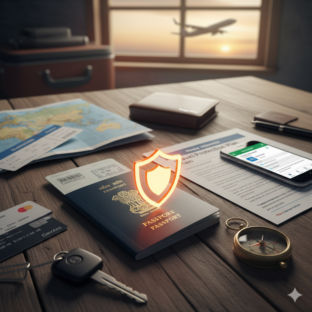 A suitcase and passport protected by a conceptual shield, representing travel insurance.